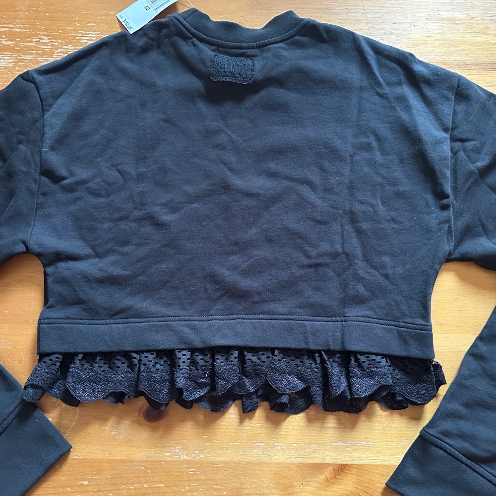 NWT Fenty Puma Cropped Sweatshirt Women XS Black Lace trim Oversized Long Sleeve